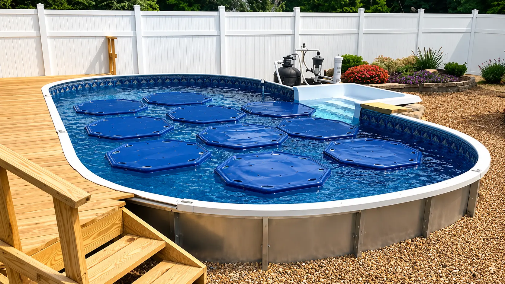 Above ground pool covered with floating solar pool heaters