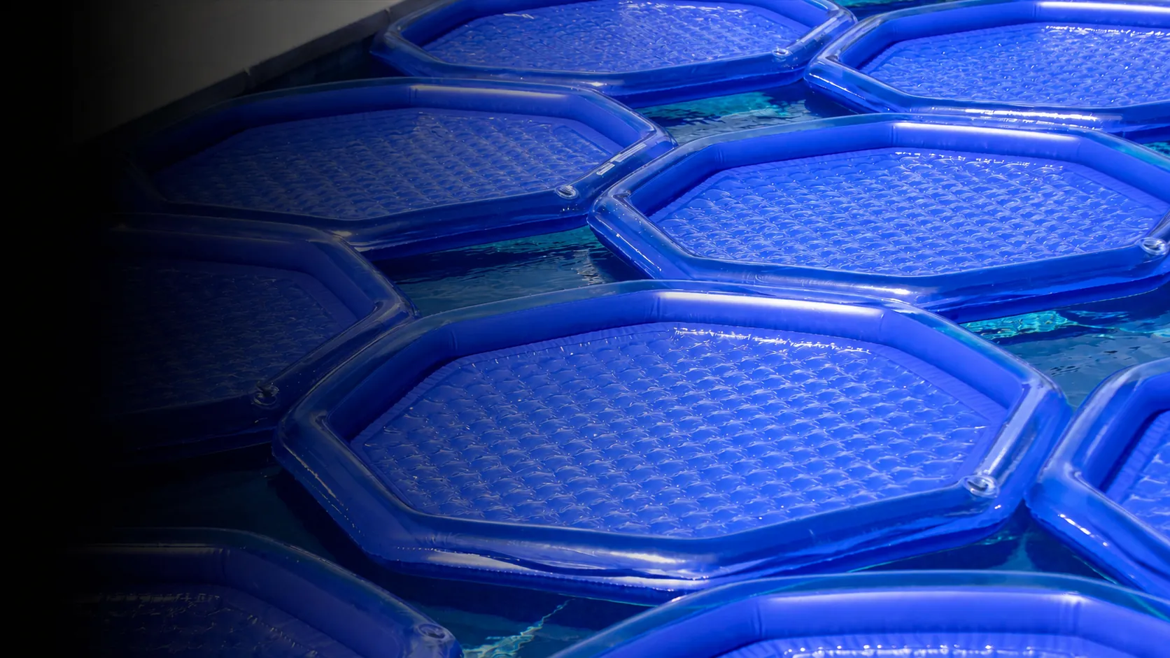 Floating solar pool heaters covering the surface of a swimming pool