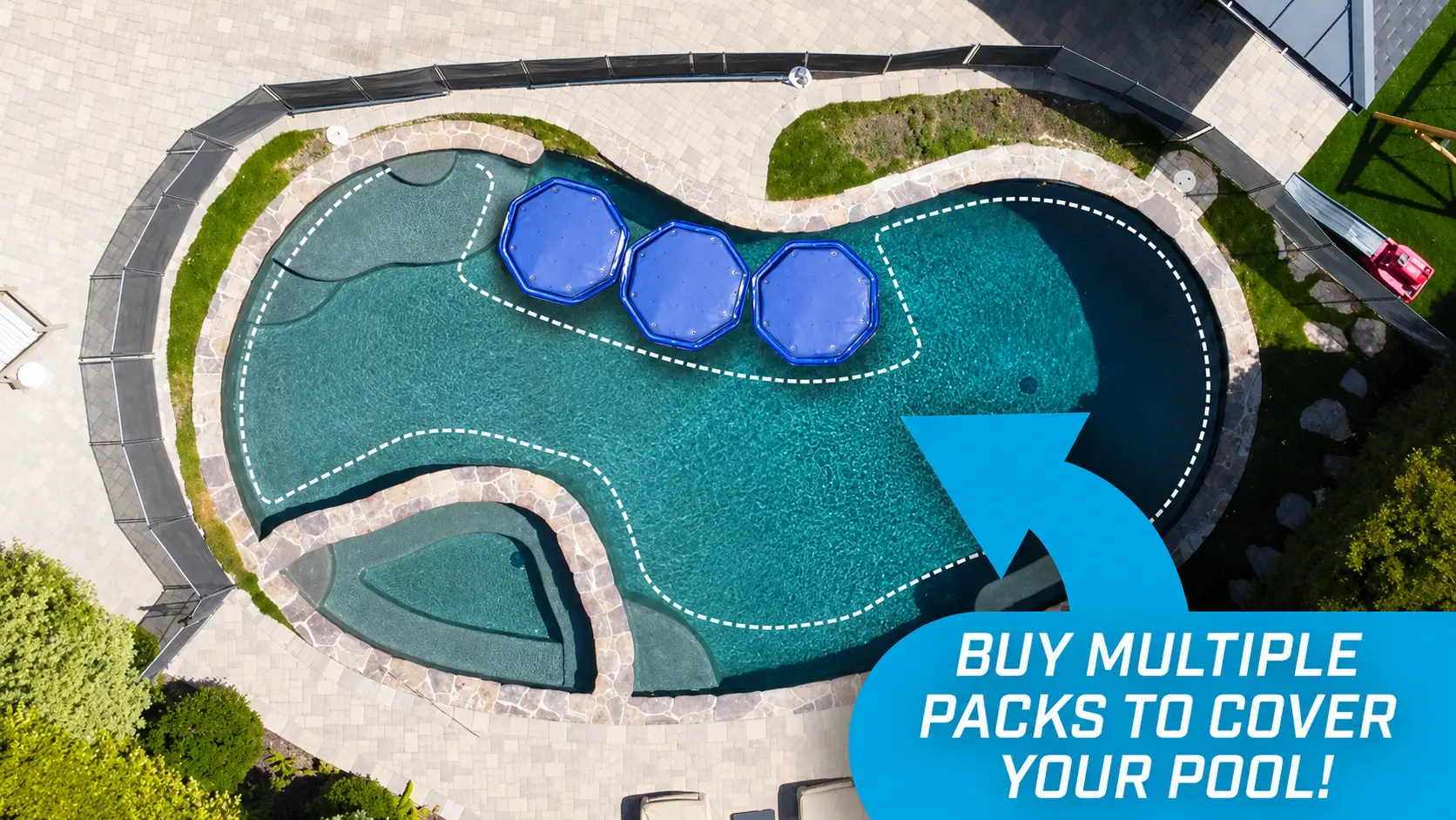 Swimming pool surface covered with multiple floating solar heater panels